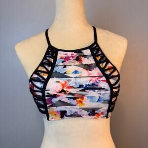 Kenneth Cole High Neck Halter Bikini Top Watercolor Floral Print Swimsuit Swim